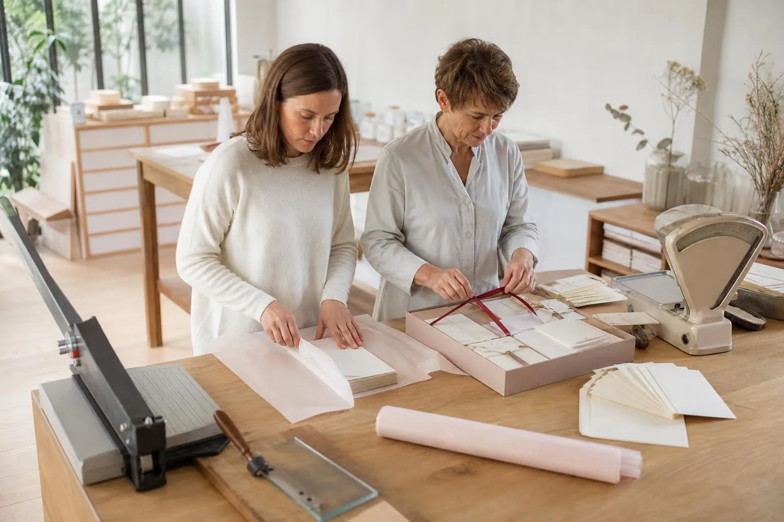 Deux créatrices emballant une collection complète de papeterie de mariage dans du papier de soie sur une longue table d’atelier claire