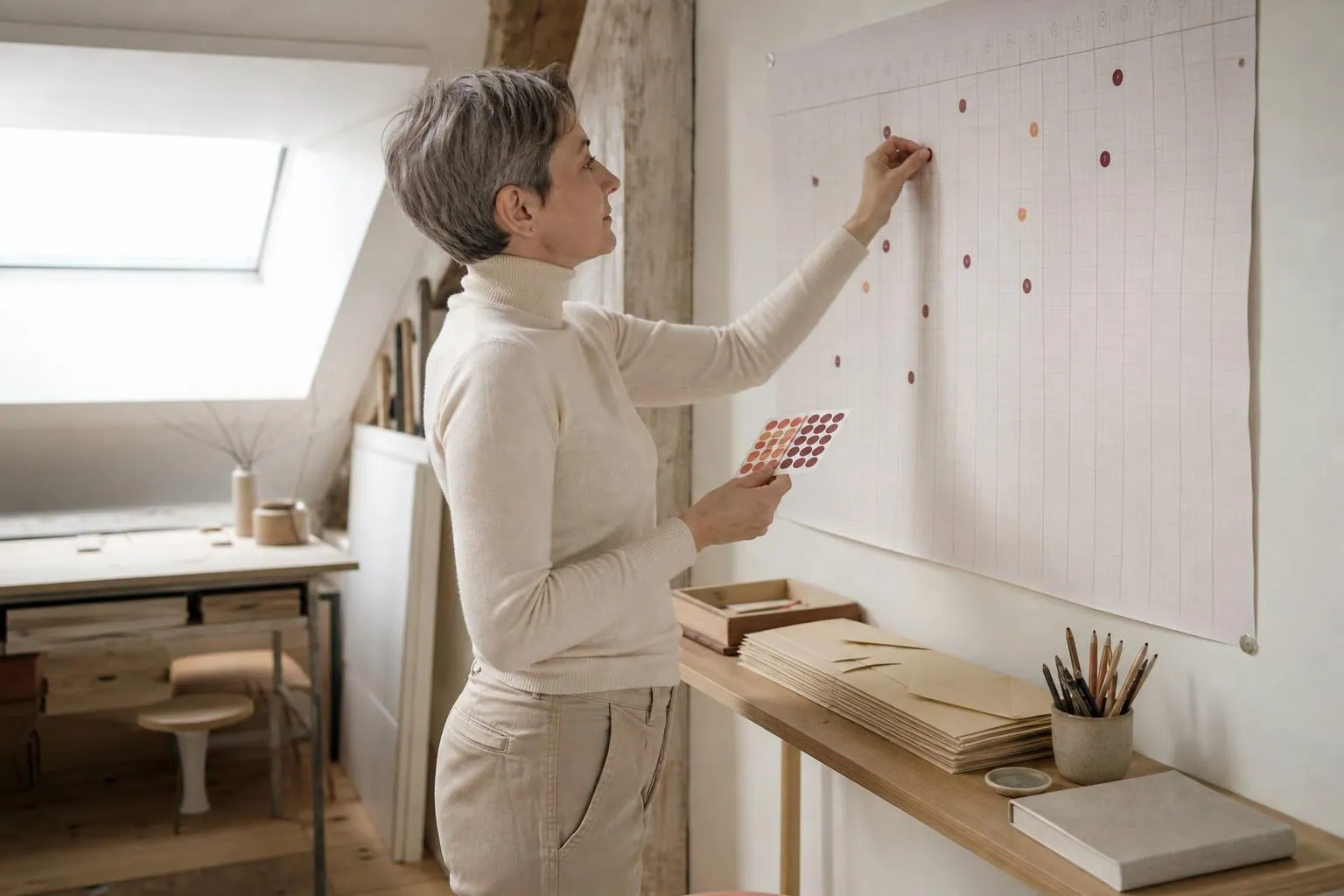 Créatrice de papeterie disposant des pastilles de couleur sur un grand planning annuel en papier quadrillé punaisé au mur de son atelier