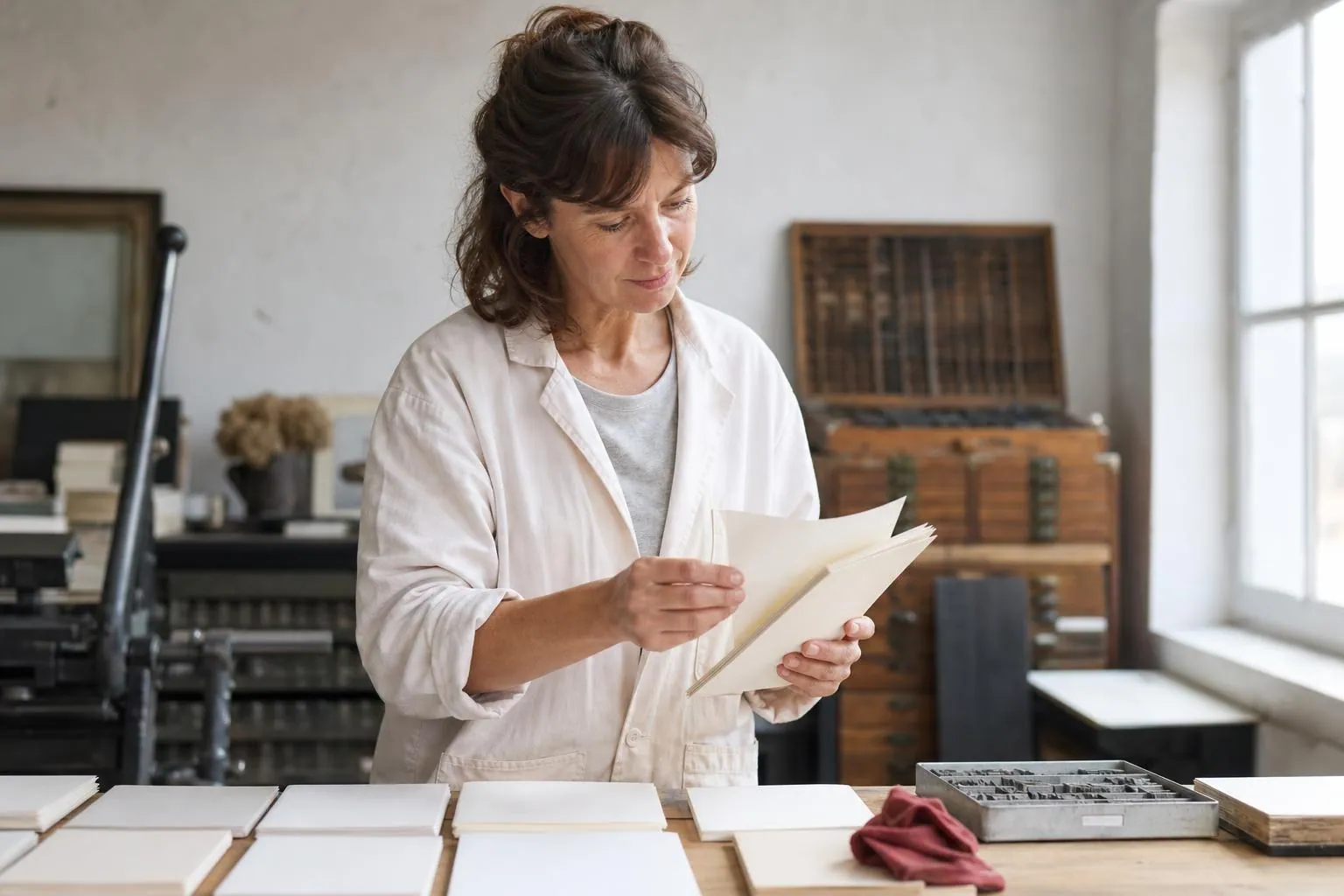 Créatrice de papeterie choisissant des feuilles dans un échantillonnier de papiers, devant une presse typographique à platine dans un atelier clair