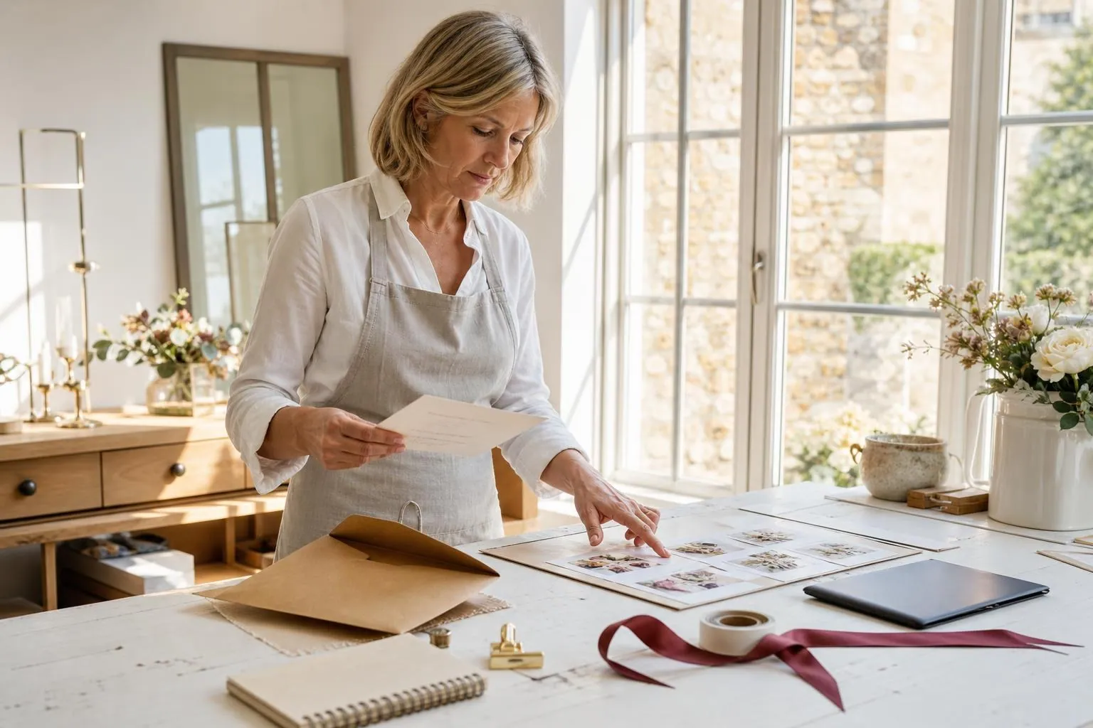 Créatrice de papeterie comparant une épreuve papier sortie d’une enveloppe et une planche de tirages posée sur une table blanche près d’une fenêtre