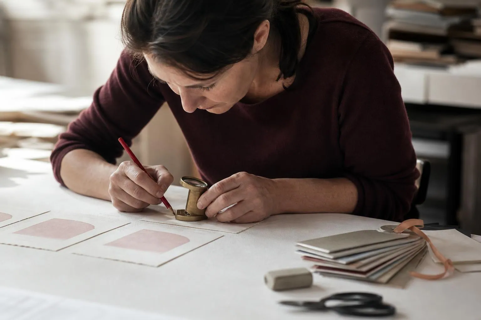 Gros plan d’une créatrice de papeterie examinant à la loupe de typographe une épreuve de faire part posée sur une table de calage claire