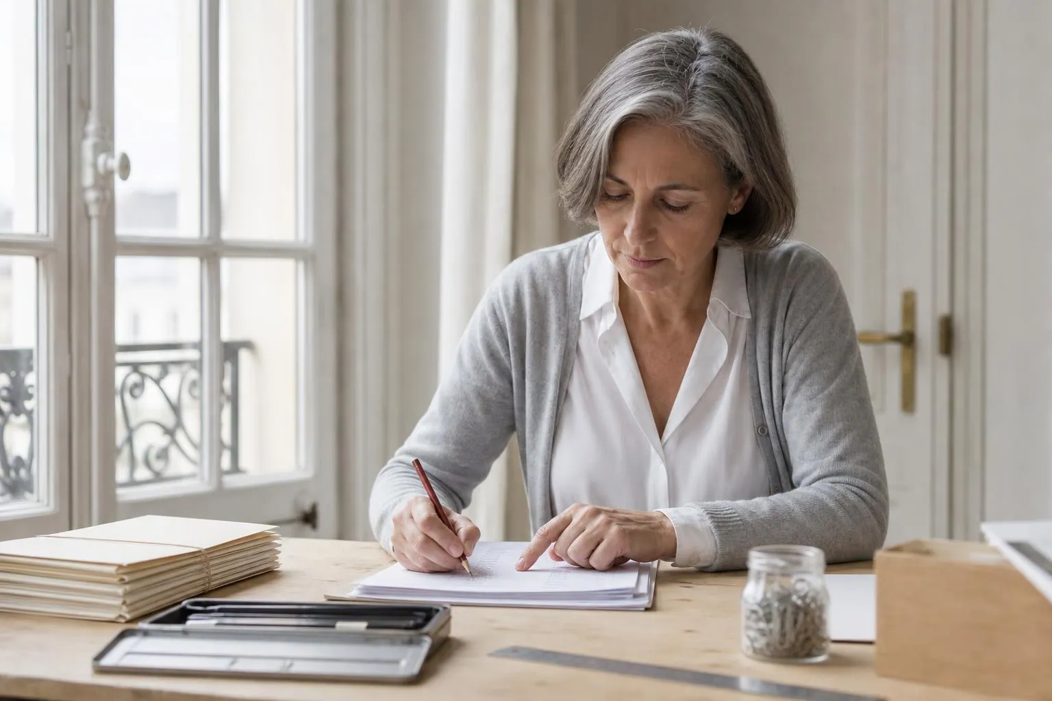 Créatrice de papeterie d’une cinquantaine d’années annotant au crayon une liste d’invitées imprimée, posée à côté d’une pile d’enveloppes crème