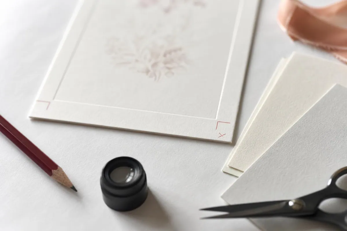 Gros plan d’une épreuve de faire part sur papier de coton avec traits de coupe aux angles, crayon rouge d’annotation et nuancier de papiers