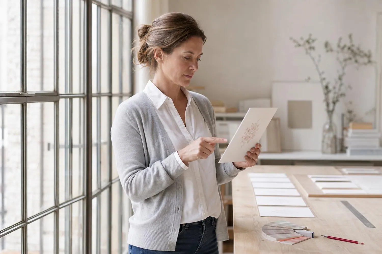 Créatrice de papeterie de mariage d’une quarantaine d’années tenant une épreuve de faire part sur papier de coton devant la fenêtre de son atelier graphique