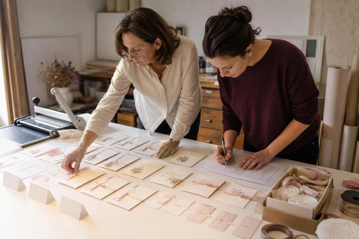 Deux femmes disposant en rangées régulières les supports d’une collection de papeterie de mariage sur une grande table d’atelier claire